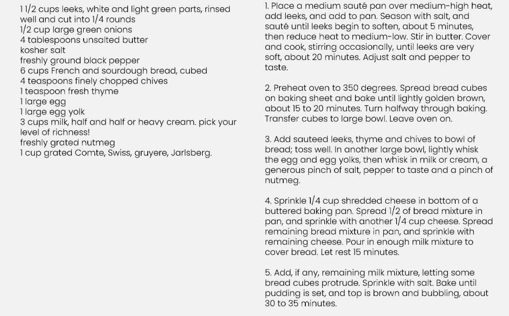Recipe For Luscious Leek Bread Pudding