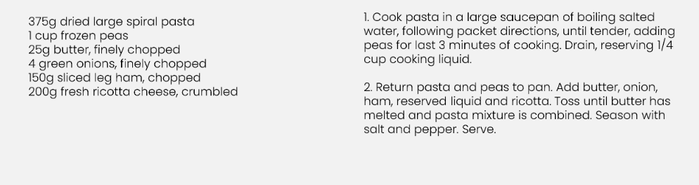 Recipe For Pea, Ham And Ricotta Pasta