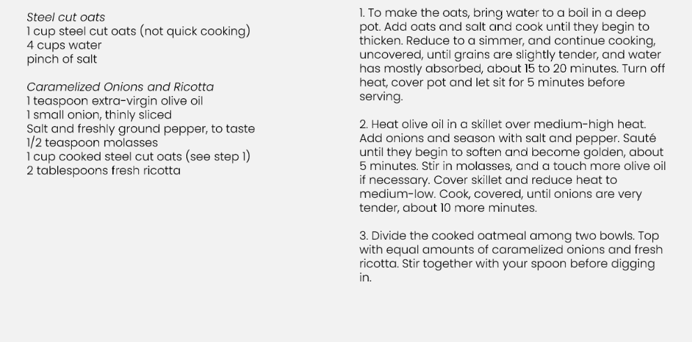 Recipe For Caramelised Onions, Ricotta & Steel Cut Oats